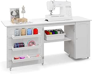 COSTWAY Sewing Machine Table, 62.5" x 20" Foldable Craft Station Table w/Lockable Casters, Storage Shelves, Bins & Single Door Cabinet, Multipurpose Sewing Machine Cabinet for Home, Bedroom (White)