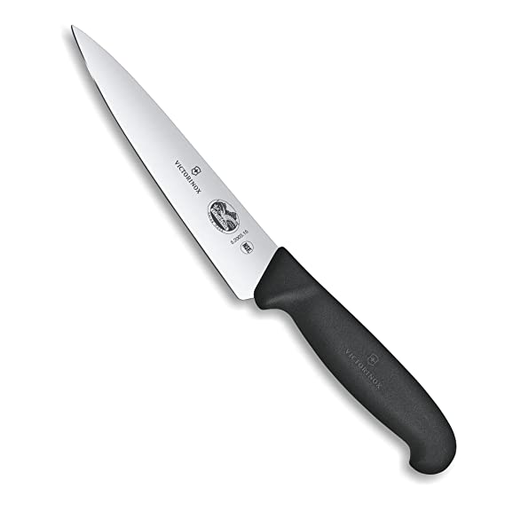 Victorinox Stainless Steel Knife,"Fibrox", 15 cm Stamped Carving Knife with Straight Edge and Pointed Tip for Chefs and Professional Cooks, Black, Swiss Made