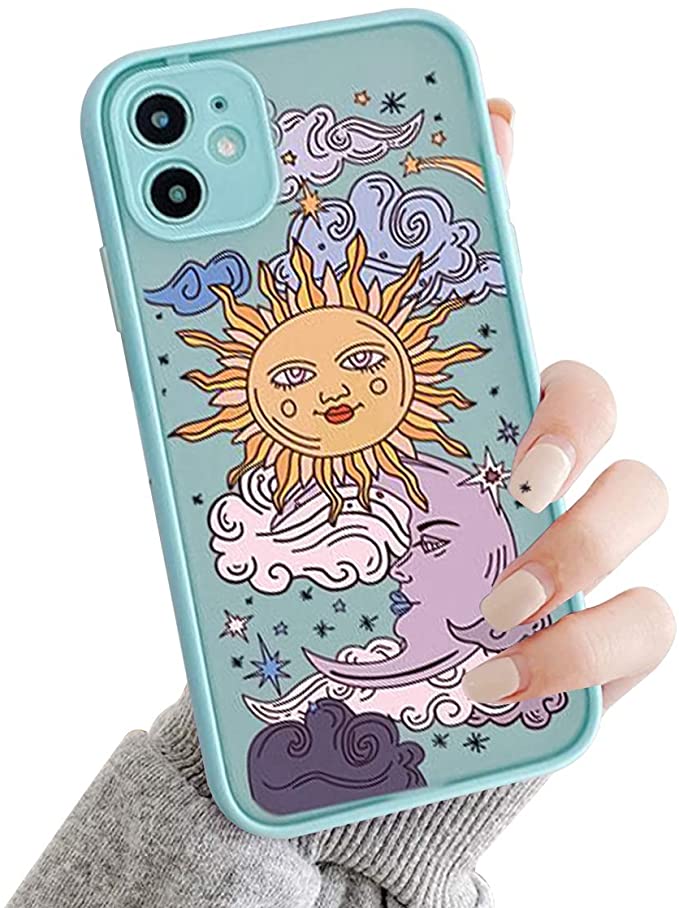 Ownest Compatible with iPhone 11 Case for Clear Frosted PC Back 3D Sun Moon Cartoons Girls Woman and Soft TPU Bumper Silicone Slim Case for iPhone 11-Blue