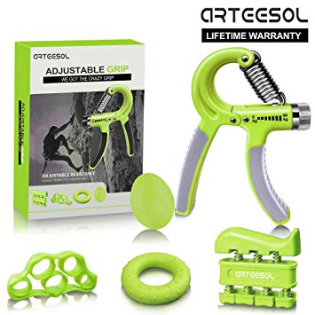 ARTEESOL Hand Grip Strengthener Forearm Trainer Kit 5Pack,Adjustable Hand Gripper(11-132lbs)&Resisitance Finger Exerciser&Grip Ring&Finger Stretcher&Hand Therapy Ball for Athletes