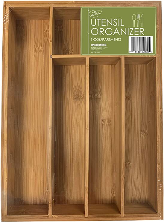 Evriholder UTOR6-AMZ Utensil Organizer Kitchen Drawer Divider with 5 Compartments, Made of 100% Sustainably Sourced Bamboo