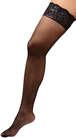 Womens Plus Size Hosiery Black Fishnet Lace Top Stay Up Silicone Thigh High Stockings