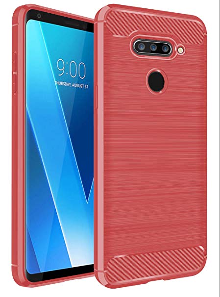 LG V40 Case,LG V40 ThinQ Case,ERQU Carbon Fiber Shock Absorption Anti-Scratches Anti-Fingerprint Flexible Soft TPU Protective Case Compatible with 5.5 Inch LG V40 /LG ThinQ V40 2018(Red)