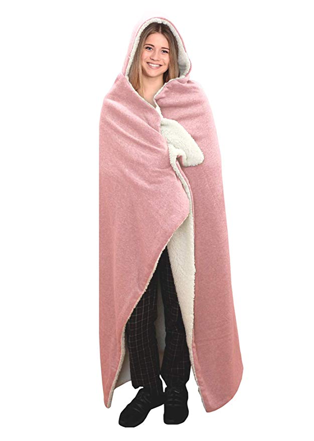 Posh Home Hooded Jersey Knit Reversible Sherpa Throw Blanket, 50" x 60" Blush