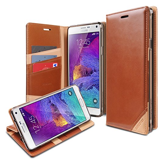 Galaxy Note 4 Case - Ringke DISCOVER Case [Free HD Film][BROWN] Premium Genuine Leather Standing View Diary Case Flip Cover Wallet Case for Samsung Galaxy Note 4 (All Carriers - Verizon, AT&T, Sprint, T-Mobile, International, and Unlocked)