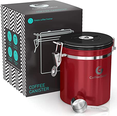 Coffee Gator Coffee Storage - Stainless Steel Tea and Sugar Containers - Canisters w/Date-Tracker, CO2 Valve for Freshness & Scoop - Medium, Shiny Red