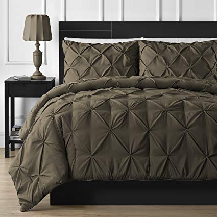 Double Needle Durable Stitching Comfy Bedding 3-piece Pinch Pleat Comforter Set All Season Pintuck Style (Queen, Chocolate)
