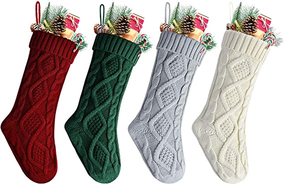 Kunyida Pack 4,18 Inches Unique Burgundy, Green, Ivory, Gray Knit Christmas Stockings