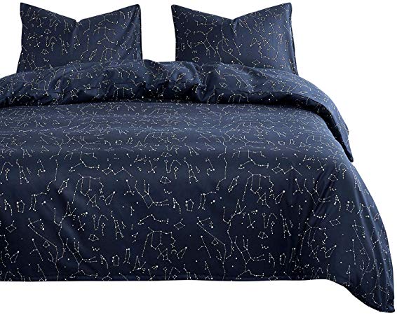 Wake In Cloud - Constellation Comforter Set, Navy Blue with White Space Stars Pattern Printed, Soft Microfiber Bedding (3pcs, Full Size)