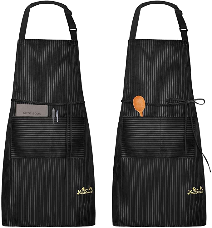 Viedouce Womens Mens Aprons with Pockets Durable Restaurant Cooking Aprons Chefs Server Aprons 2 Pack, Black Stripes