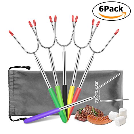 TOPLUS Marshmallow Roasting Sticks, Set of 6 Premium Telescopic Smores Skewers Hot Dog Sticks, 38’’ Outdoor Fireplace Campfire Accessories Extendable Forks Steel Camping Kit for Fire Pit, Bonfire
