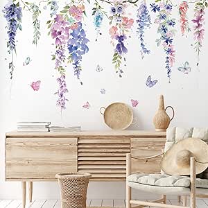 6 Pieces Flowers Wall Decals Vinyl Dragonflies Flowers Wall Stickers Removable Floral Wall Murals Peel and Stick Colorful Flower Wall Decor for Girls Bedroom Living Room Nursery (Elegant)