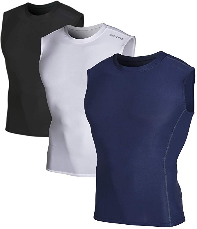 DEVOPS Men's 3 Pack Cool Dry Athletic Compression Baselayer Workout Sleeveless Shirts