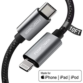 FosPower iPhone Charger, Apple MFi Certified Lightning to USB C Cable [Nylon Braided] Compatible with iPhone SE 2020/11/11 Pro / 11 Pro Max/X/XS/XR/XS Max / 8/8 Plus - 10FT