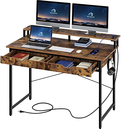 Rolanstar Computer Desk with 2 Drawers and Power Outlet, 47" Home Office Writing Desk with Monitor Stand, Workstation Table with Stable Metal Frame, Rustic Brown