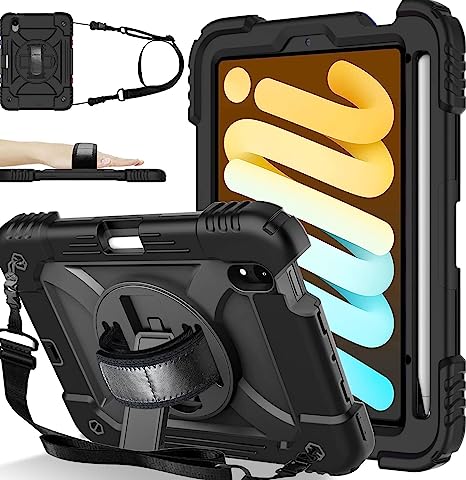 BMOUO iPad Mini 6 Case, iPad Mini 6th Generation Case, Rugged Shockproof [360° Rotating Stand] [Hand Strap] [2nd Gen Pencil Holder] Kids Case for New iPad Mini 6th Generation 8.3 inch 2021- Black