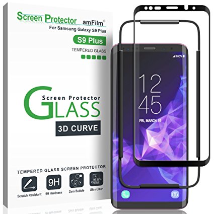 Galaxy S9 Plus Screen Protector Glass, amFilm 3D Curved Dot Matrix Full Screen Samsung Galaxy S9 Plus Tempered Glass Screen Protector 2018 with Easy Application Tray (Case Friendly)