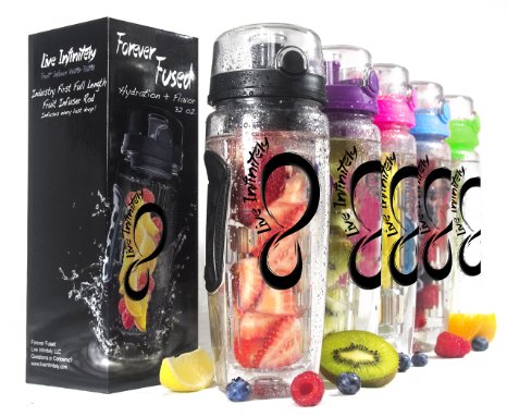 Live Infinitely 32 oz. Infuser Water Bottles - Featuring a Full Length Infusion Rod, Flip Top Lid, Dual Hand Grips & Recipe Ebook Gift