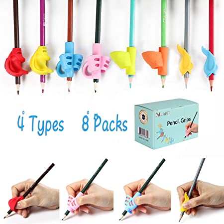 M JJYPET Pencil Grips, 8 Packs(4 Types) Pencil Grips for Kids Handwriting, Ergonomic Writing Posture Correction Tool for Children, Kids, Preschoolers, Adults, Lefties or Righties