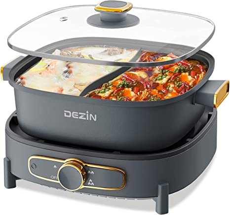 Dezin Electric Hot Pot with Divider, 5L Double-Flavor Shabu Shabu Hot Pot, Dual Sided Removable Non-Stick Electric Pot Depth Divided Hotpot Pot with Multi-Power Control, 2 Silicone Ladles Included