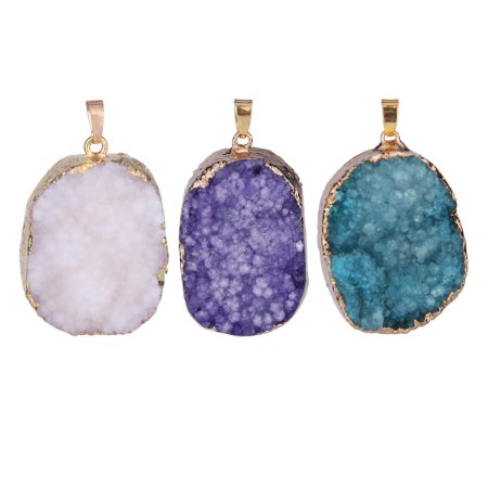 Zhenhui 3 Pieces Exaggeration Irregular Natural Drusy Necklace Pendant for DIY Jewelry Making Oval Shaped Agate Stone Pendant Valentine's Day Gift