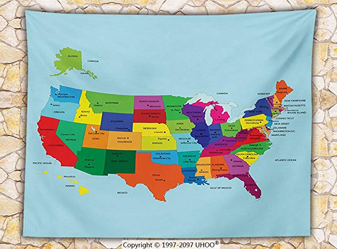 Kids Decor Fleece Throw Blanket Educational Map of America USA with States and Capitals City California Texas New York Printed Art Throw