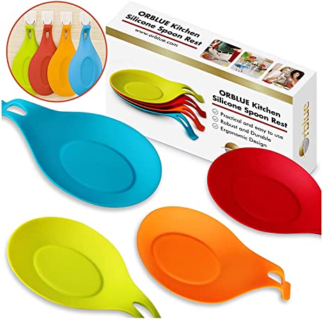 ORBLUE Kitchen Silicone Spoon Rest, Flexible Almond-Shaped Silicone Kitchen Spoon Holder, Cooking Utensil Rest Ladle Spoon Holder 4-Pack, Vibrant Colors