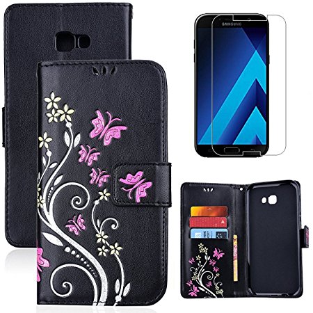 for Samsung Galaxy A5 2017 A520 Wallet Case and Screen Protector,OYIME [Butterfly Flower Embossed] Pattern Design Leather Holder Full Body Protection Bumper Kickstand Card Slot Function Magnetic Closure Flip Cover with Wrist Lanyard - Black
