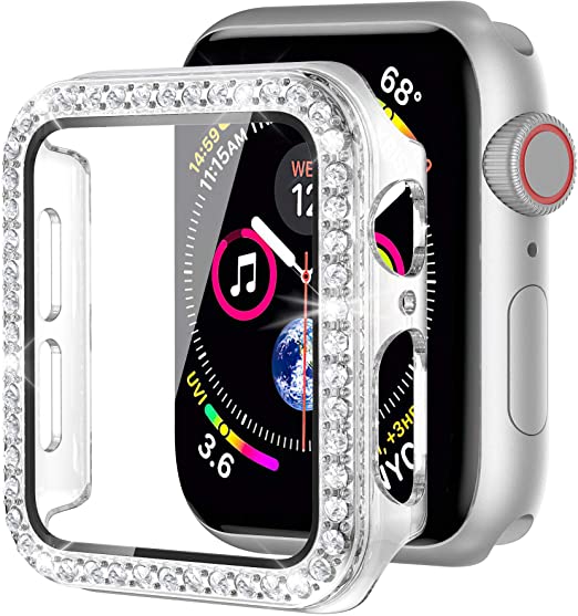 Moolia Bling Case Compatible with Apple Watch 40mm iWatch Series 6 5 4, iWatch SE 40mm Bling Crystal Diamond Face Cover with Built-in Tempered Glass Screen Protector for Women Girls, Clear