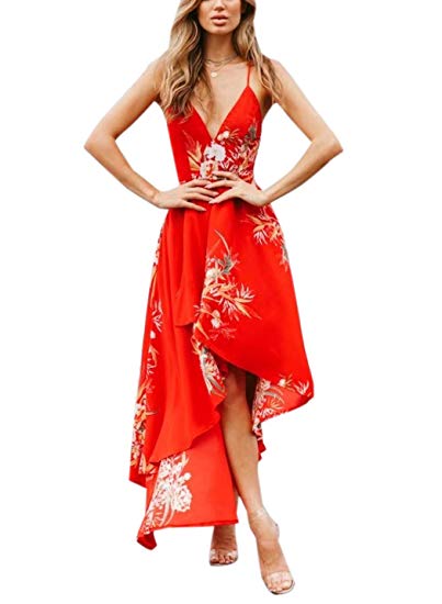 FFLMYUHULIU Women's Floral Print Back Cross V Neck Graceful Irregular Beach Sling Maxi Dress
