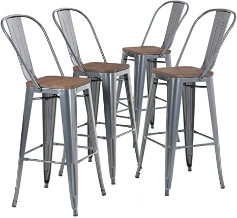 Sophia & William Bar Stool 30" High Back Set of 4 Metal Dining Bar Chairs Wood Seat Stackable Patio Stool Industrial for Kitchen Bar Indoor Outdoor, Glossy Pearl Ash