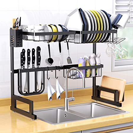 Dish Drying Rack Over Sink, Basstop Length Adjustable (25.6''≤Sink Size≤''33.5) Stainless Steel Above Sink Dish Rack Drainer Shelf with 2 Tier 6 Hook for Kitchen Counter Space Saving-Matte Black