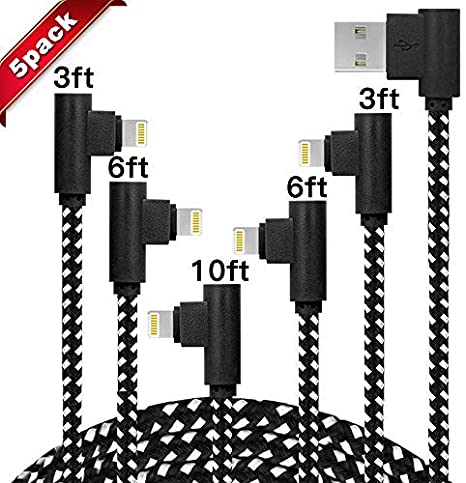 Phone Charger Cable 5 Pack (3-3-6-6-10FT) Nylon Braided with 90 Degree USB Connector for Phone Xs/Max/XS/XR/7/7Plus/X/8/8Plus/6S/6 Plus(Black White)