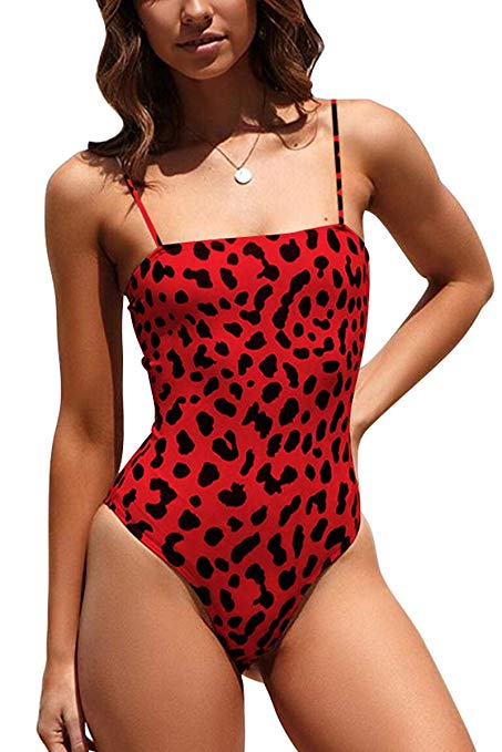 Belypoe Womens Leopard Print Spaghetti Straps Cheeky Thong One Piece Swimsuit