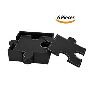 Abaige Drink Coasters Silicone Holder Set of 6 (Black) - Puzzle Leather Design, Large 4.3 inch Size