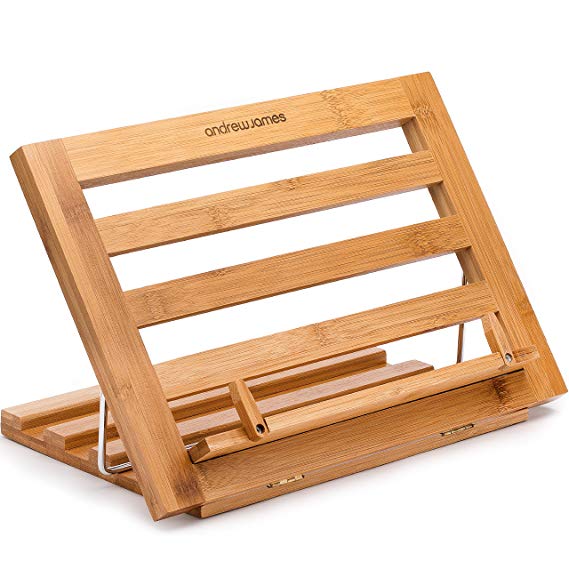 Andrew James Cookbook Stand Adjustable Recipe Holder | Sturdy Wooden Reading Display Table for Books Tablets iPads | Natural Bamboo | Folds Flat for Storage