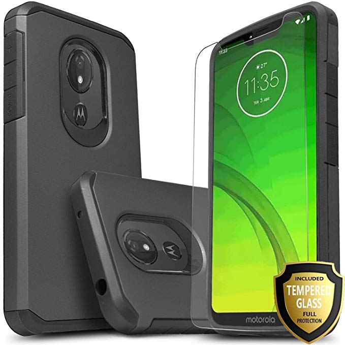 Moto G7 Power Case, Moto G7 Supra XT1955 Case, Included [Tempered Glass Screen Protector], Star Drop Protection Dual Layers Impact Advanced Rugged Protective Phone Cover - Black