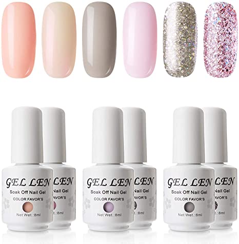 Gellen Gel Polish Set - Pure & Glitters Series Popular 6 Colors (Peach, Shell, Pink, Gray, Champagne Glitter, Pink Glitter)
