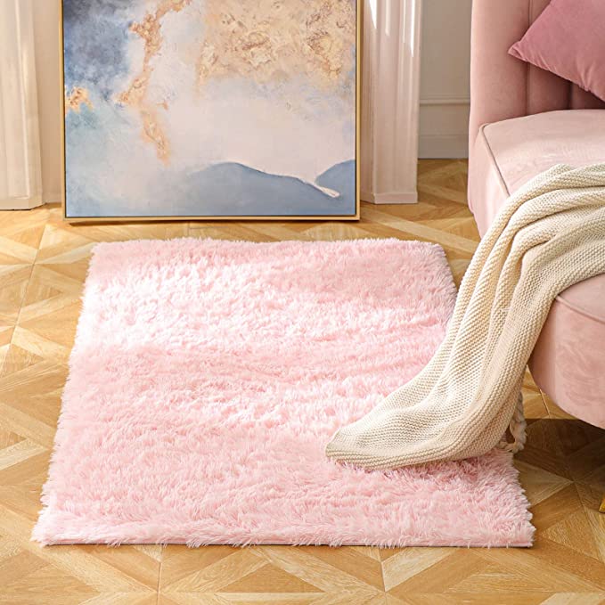 BAYKA Machine Washable Fluffy Area Rug Indoor Ultra Soft Shag Area Rug for Bedroom, Non-Slip Floor Carpet for Kids Home Decor Nursery Rug 3x5 Feet Pink