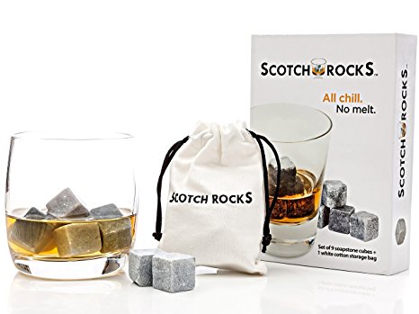 Whiskey Rocks Gift Set: Set of 9 Artisinal Hand Cut Whisky Chilling Rocks with White Cotton Carrying Pouch Packaged in Scotch Rocks Gift Box