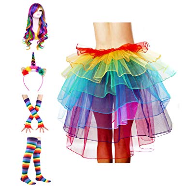 Adult Rainbow Costume Sets Wave Wig Long Gloves Stockings Tail Tutu Skirt Feather Headband