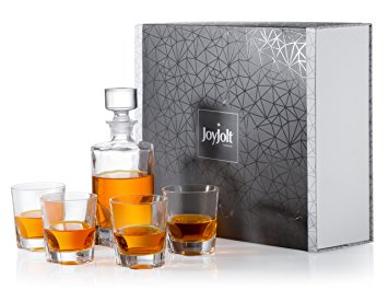 JoyJolt Carina 5-Piece Crystal Whiskey Decanter Set,100% Lead-Free Crystal Bar Set, Crystal Decanter Set Comes With A Scotch Decanter-25.3 Oz And A Set Of 4 Old Fashioned Whiskey Glasses- 8.4 Ounces.