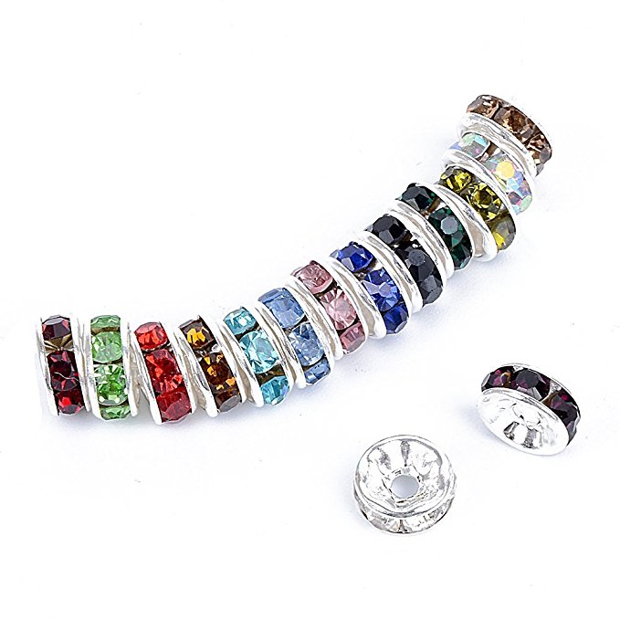 Bingcute 100 Pcs Bright Silver Crystal Rondelle Spacer Bead Plated 8mm for jewelery making Assorted Colors