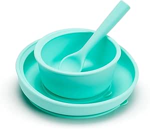 Munchkin® C’est Silicone!™ Feeding Set with Suction Bowl, Suction Plate and Spoon, Designed For Baby Led Weaning and Infant and Toddler Self Feeding, Silicone, Mint