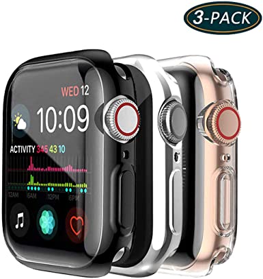 (3-Pack)KPYJA for Apple Watch Series 4/Series 5 44mm Screen Protector, iwatch Protective Case Soft Ultrathin TPU All-Around Case for Apple Watch Series 5/Series 4 Smartwatch(Black,Silver,Clear, 44mm)