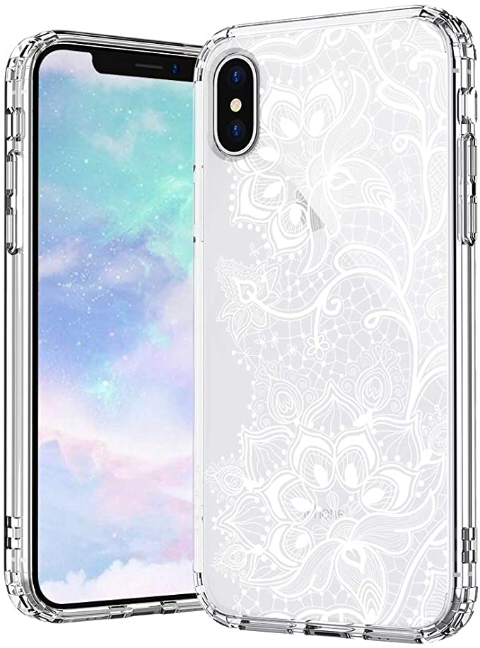 MOSNOVO iPhone Xs Case, iPhone X Case, Lacy Flower Pattern Printed Clear Design Transparent Plastic Hard Back Case with TPU Bumper Protective Case Cover for iPhone X iPhone Xs