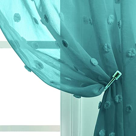 Teal Curtains 84 Inch Length for Bedroom 2 Panels Rod Pocket Pom Pom Dot Fairy Texture Sheer Pattern Curtains for Girls Bedroom Kids Room Nursery Bathroom Windows 52 x 84 Inches Long