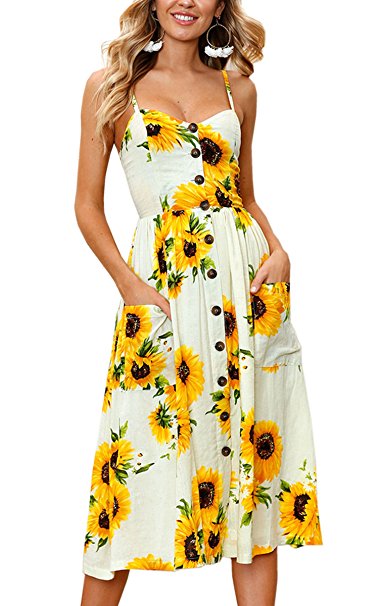 Angashion Women's Dresses-Summer Floral Bohemian Spaghetti Strap Button Down Swing Midi Dress With Pockets