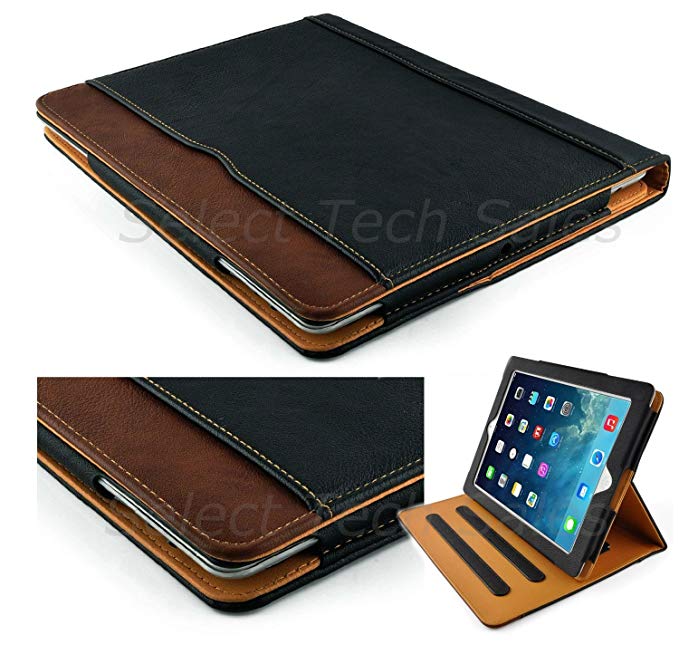 S-Tech New Black and Tan Apple iPad Air Soft Leather Wallet Smart Cover with Sleep/Wake Feature Flip Case