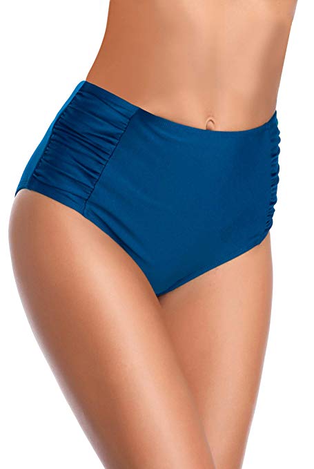 SHEKINI Women's Retro High Waisted Bikini Bottom Ruched Side Swim Short Tankinis